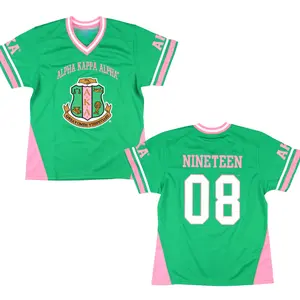 Alpha Kappa Alpha Green Pink Jersey #08 – AKA Sorority Football Style Shirt, Women’s V-Neck
