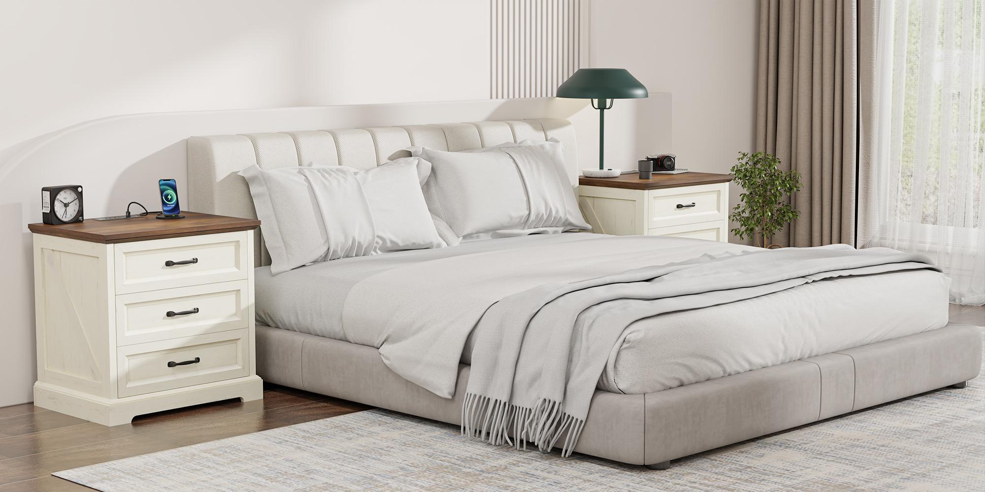 HOMMPA 24'' Farmhouse Nightstand with Charging Station, Bedside Tables with Storage, Side Table with USB Port, 3 Drawers End Table Dresser, Wood Night Stand for Bedroom, Living Room, Rustic White