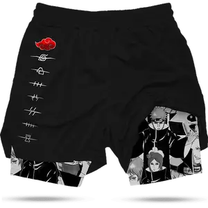 Naruto Akatsuki Performance Men's 2 in 1 Anime Graphic Gym Shorts Quick Dry Drawstring Mesh Athletic Running Shorts with Liner