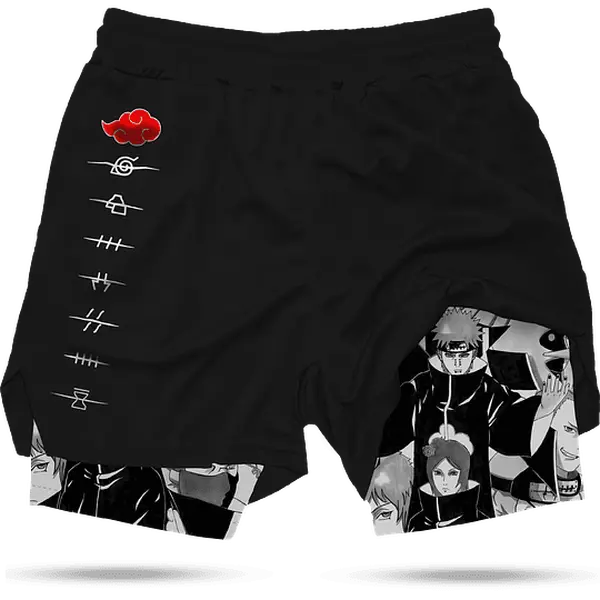 Naruto Akatsuki Performance Men's 2 in 1 Anime Graphic Gym Shorts Quick Dry Drawstring Mesh Athletic Running Shorts with Liner