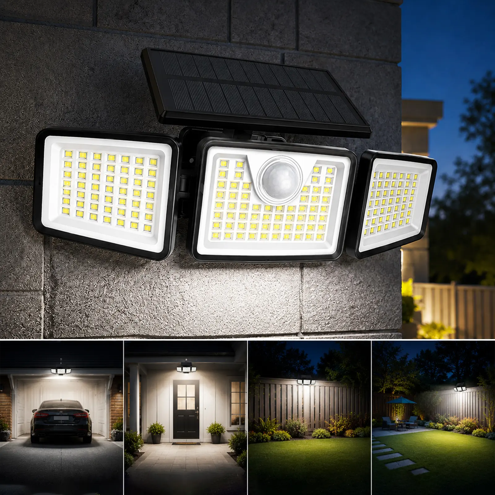 Daphino Solar Outdoor Security Spotlights, 2500LM 3-Head Dimmable Adjustable Wall Mount Lights with 3 Modes, IP65 Waterproof, 2 Years Warranty, for Garage, Festival Gift