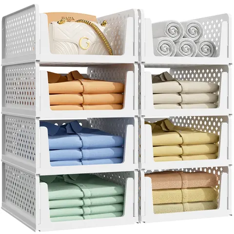 Kitsure Large Foldable Stackable Closet Storage Boxes - Home Organizer Bins, Containers for Organizing for Clothes & Wardrobe, Space-Saving Shelf Organizers