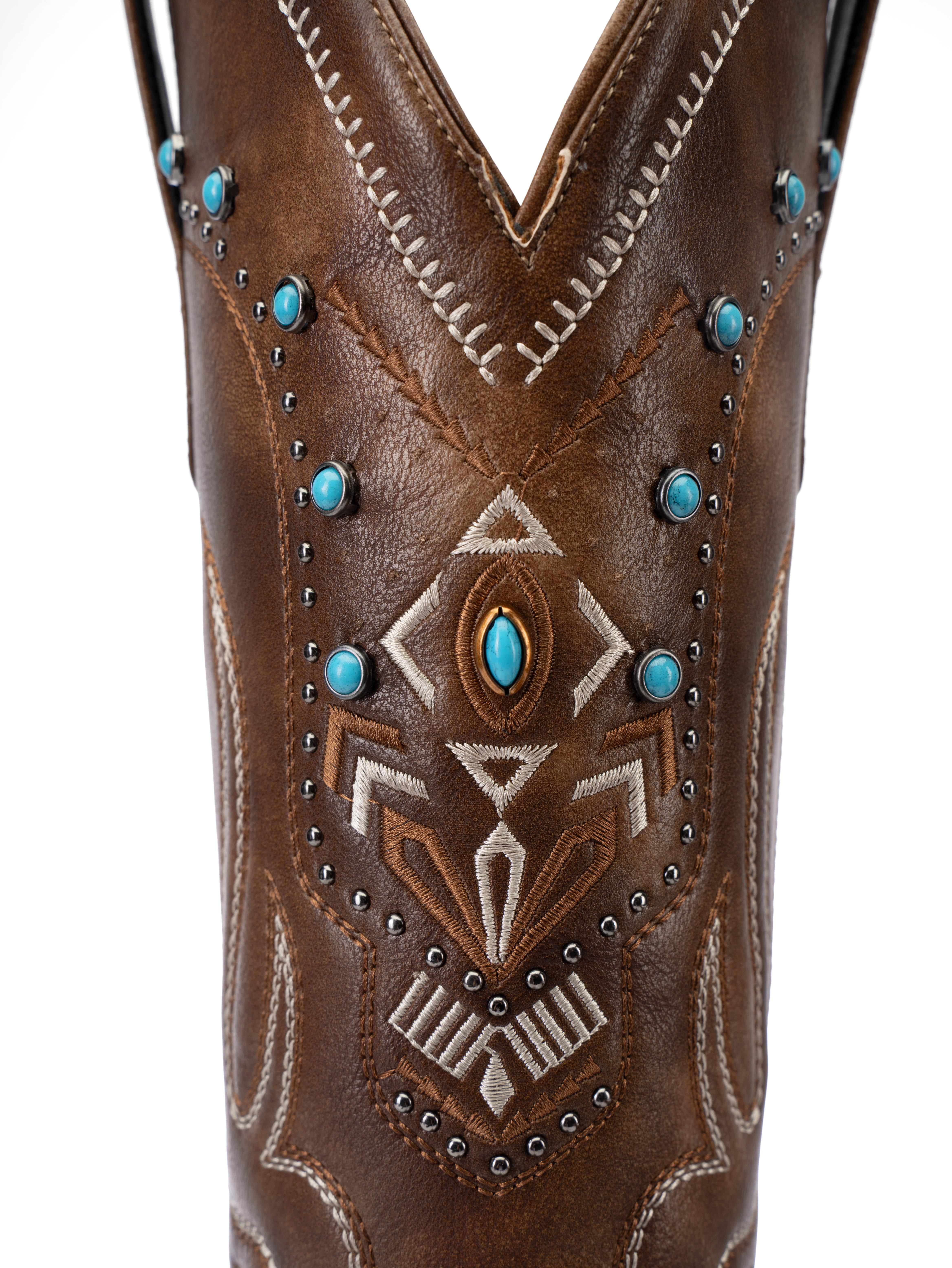 ReneChristine Women's Embroidery Western Cowboy Boots with Studs & Emerald Gemstones, Knee High Wide Calf Cowgirl Boots for Gatherings Weekend Hangouts Black Leather fur boots knee high boots boots for fall thigh high boots brown boots cowgirl boots Sprin