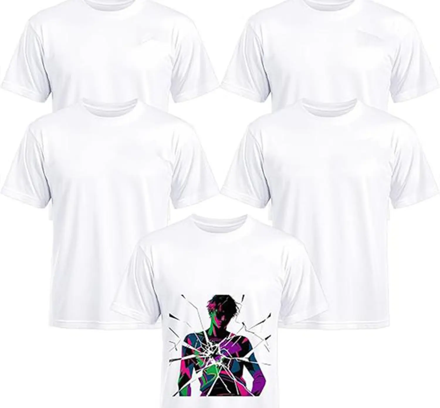 Men's 5-Pack Unisex Oversize Loose-Fit Breathable Round Neck Short Sleeve Sublimation T-Shirts, White Medium Stretch Polyester Wrinkle-Resistant Blank Tops for DIY Heat Transfer & Custom Team Tees, Halloween Use