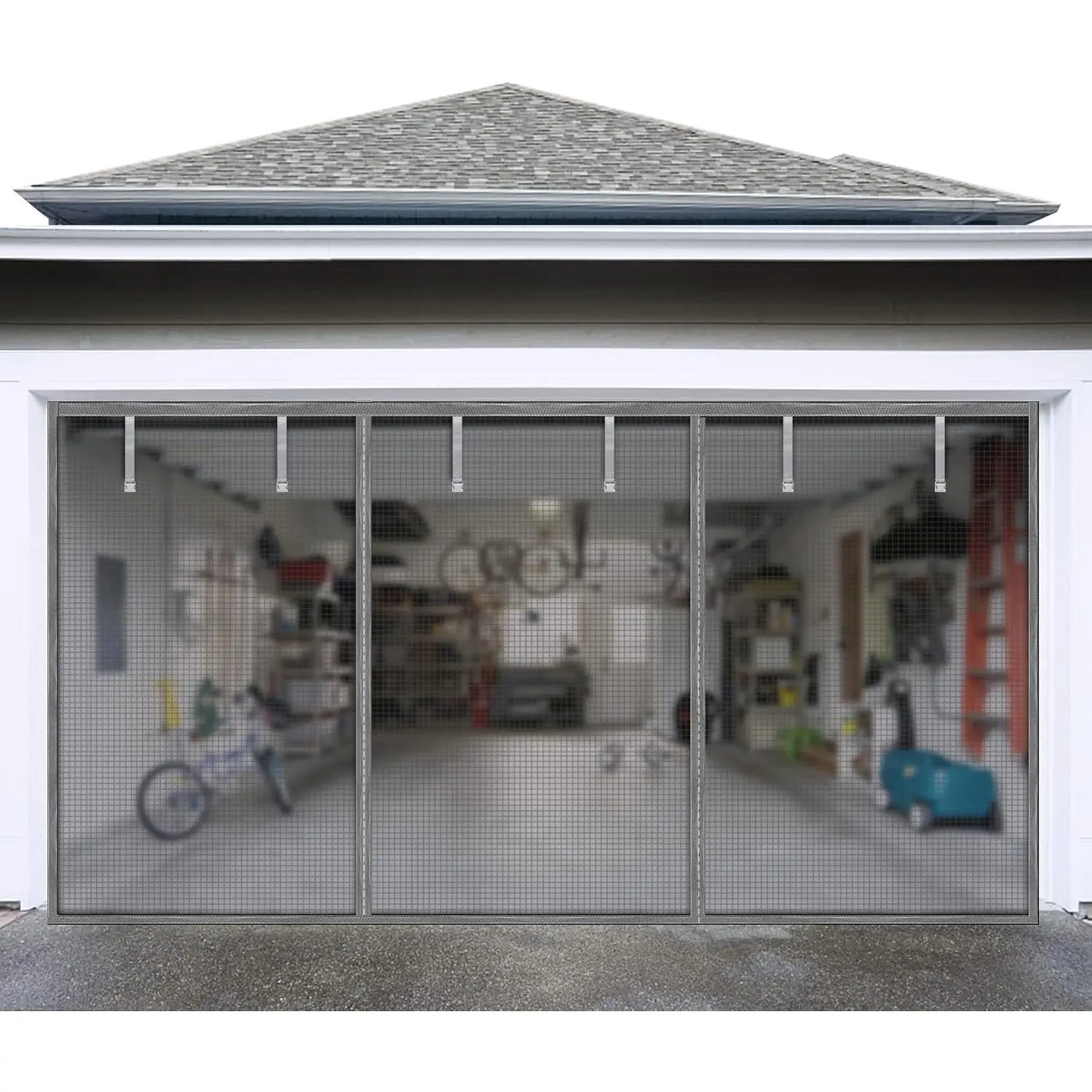 Garage Door Screen For 2 Car   16x7ft Magnetic Heavy Duty Curtain With 6 Strapping Tapes - Durable Breathable Anti-tear Mesh Patio Porch (sliver)