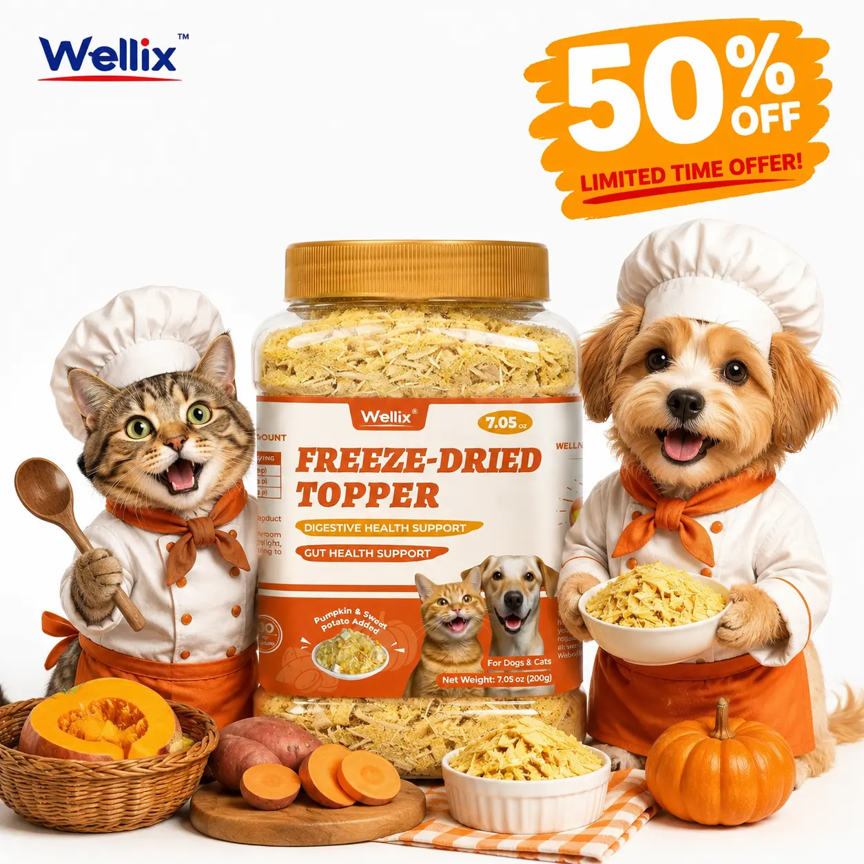 Wellix 7.05oz Cat & Dog Pumpkin & Sweet Potato Topper - Freeze-Dried Natural Treats | 3 Ingredients Only | Low Calorie | Supports Digestive Health, Gut Health & Immunity | Natural, Nutritious, Yummy