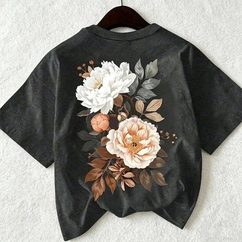 Women's Plus Size Cotton Printed Round Neck Short-Sleeve Top - Vintage Flower Graphic, Retro Aesthetic Streetwear, Soft Breathable Fabric, Relaxed Fit Casual Summer Outfit Gift Idea