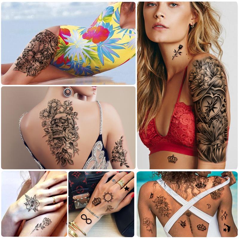49 Sheets Large Flowers Butterfies Crown Waterproof Temporary Tattoos for Women Fake Tattoos Adults Body Make Up Tattoo