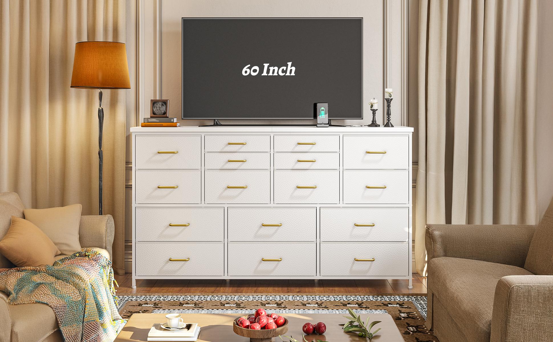 [24H-Support]Raybee TV Stand Dresser with 12/16 Drawers, Large Fabric Home Storage Organizer&Drawer Chest, Wide Entertainment Center with Charging Station & USB Ports for Living Room, Bedroom, Apartment; Modern Media Console Cabinet Tower for Home Décor