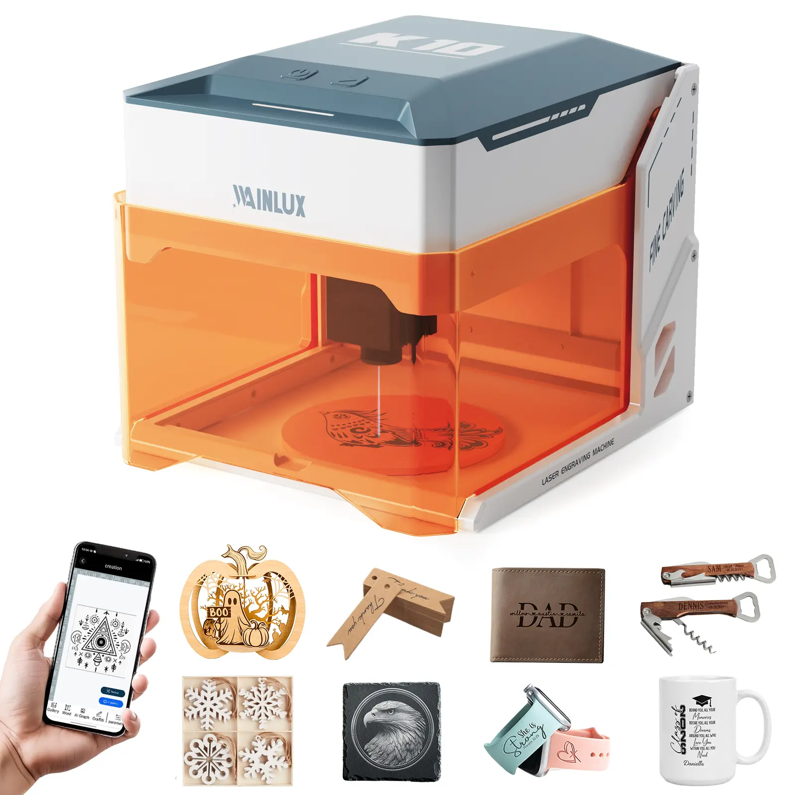 WAINLUX K10 Portable Laser Engraver 3000mw Edition Laser Engraving Machine Compact Design Ready-to-Use Beginner-friendly for DIY Project Custom Gift Festive Decor Maker