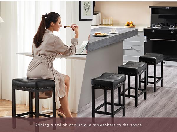 Saddle Bar Stools Set of 2 Counter Height 24-Inch Modern PU Leather Barstools with Metal Base, Footrest, Upholstered Bar Chairs for Kitchen Island