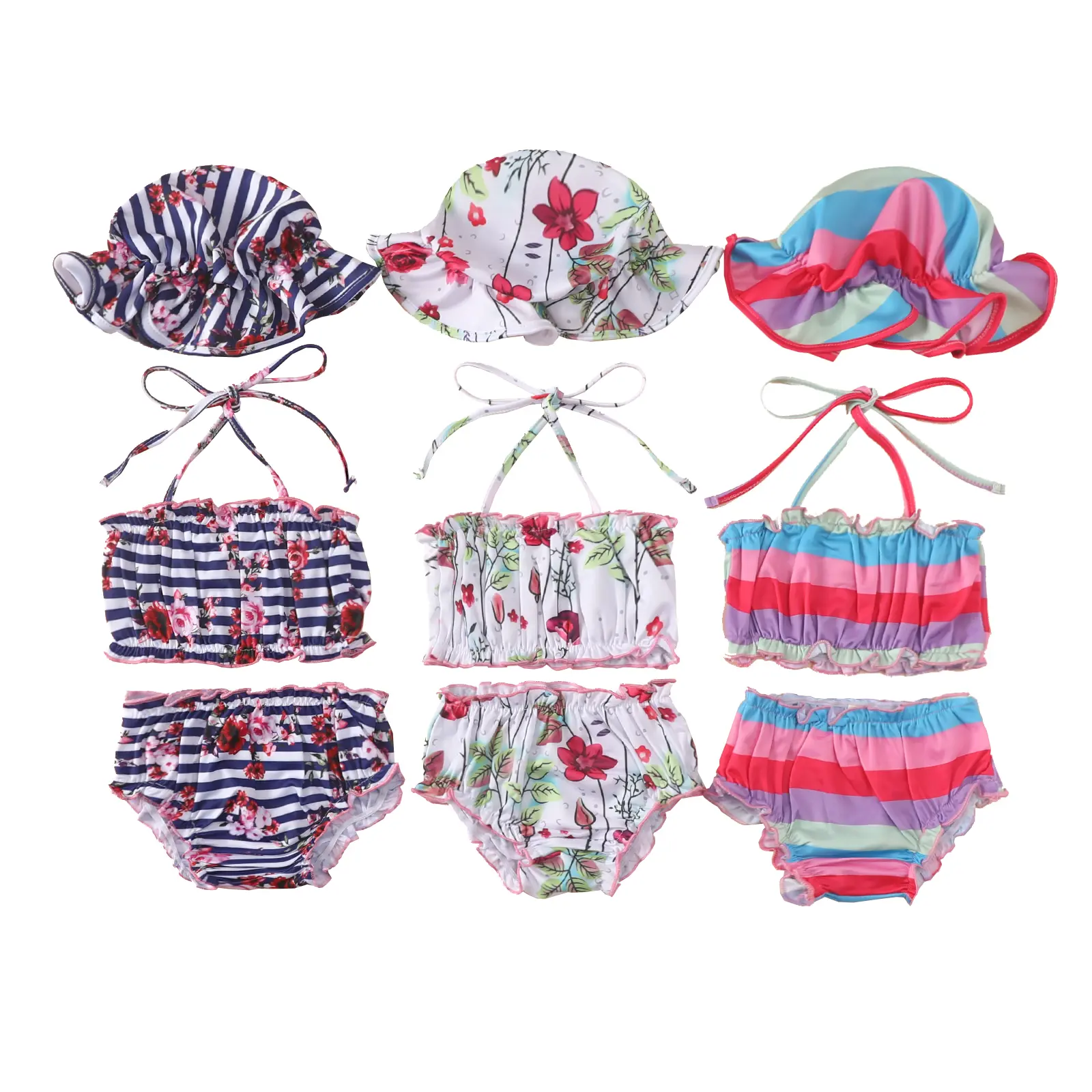 Newborn Girl Swimsuits Infant Baby Girl Bathing Suit Bikini Sets Swimwear 3 Piece Summer Beach Outfit Top Shorts Hat