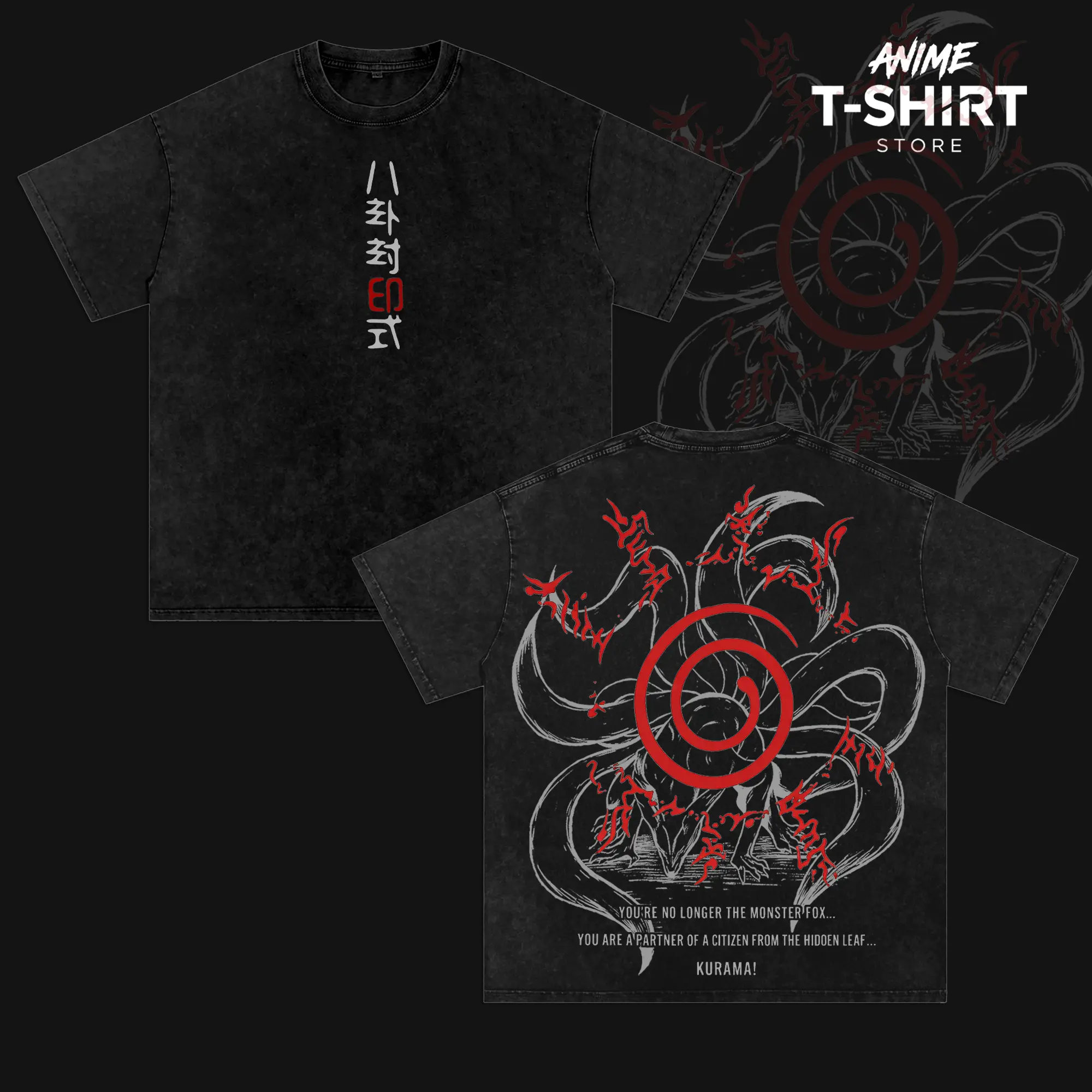Kurama - NRT Anime Double Printed Vintage Washed Unisex Oversize Anime Manga Washed Heavyweight Cotton T-shirt, gifts For Anime Fan, Anime Lover