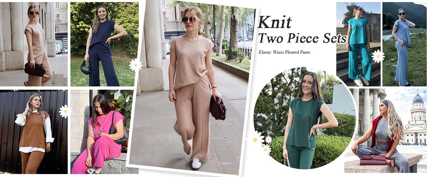 Ommig Lounge Sets for Women Two Piece Outfits Knit Cap Sleeve Tops Wide Leg Pleated Pants Casual Dressy Sweater Sets Ommig Lounge Sets for Women Two Piece Outfits Knit Cap Sleeve Tops Wide Leg Pleated Pants Casual Dressy Sweater Sets
