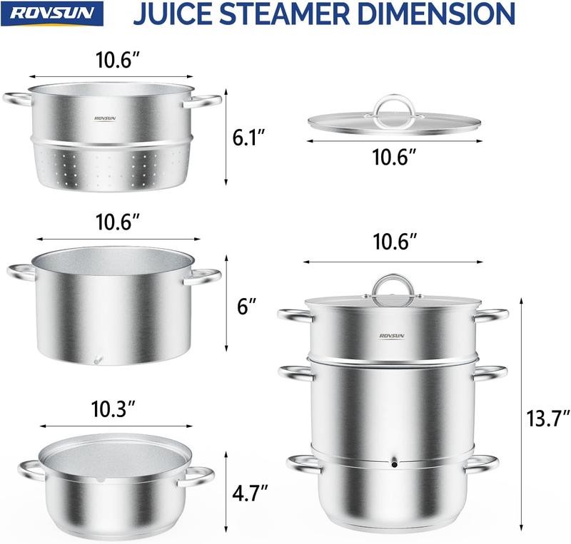 ROVSUN 8.5/11Quart Juice Steamer Stainless Steel, Extractor Fruit Vegetables Juicer Steamer Pot, w/Tempered Glass Lid Clamp, Loop Handles, Ideal for Making Juice, Jelly, Pasta