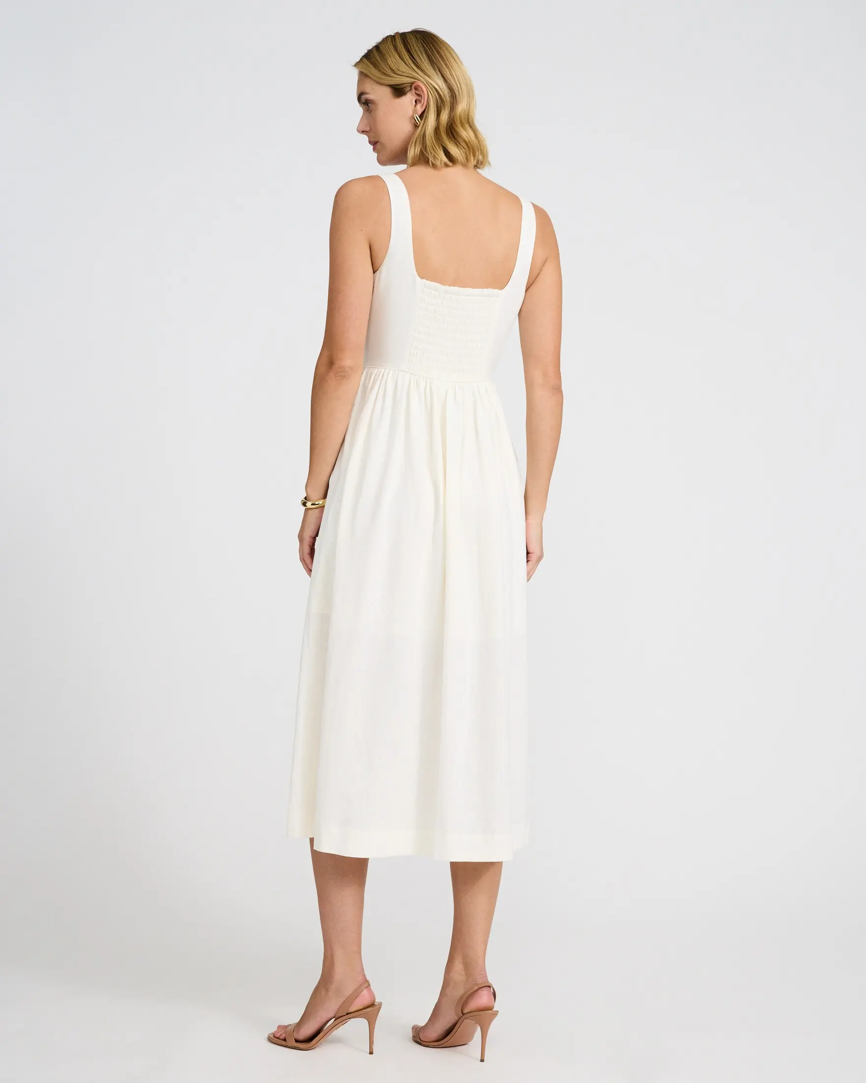 Express Linen-Blend Basque Waist Smocked Back Midi Dress with Pockets -  TikTok Shop