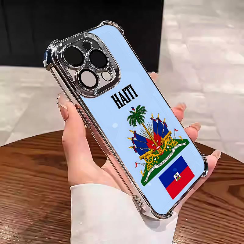 Haiti Flag pattern Design With Multi-Colored Border Suitable for Aesthetic Electroplated TPU Casing For iphone 17 16 15 14 13 12 11 PRO PLUS MAX AIR Samsung S26 Four Corners Anti-Fall Transparent Casual Soft Silicone Phone Cases High-end durable  L1726