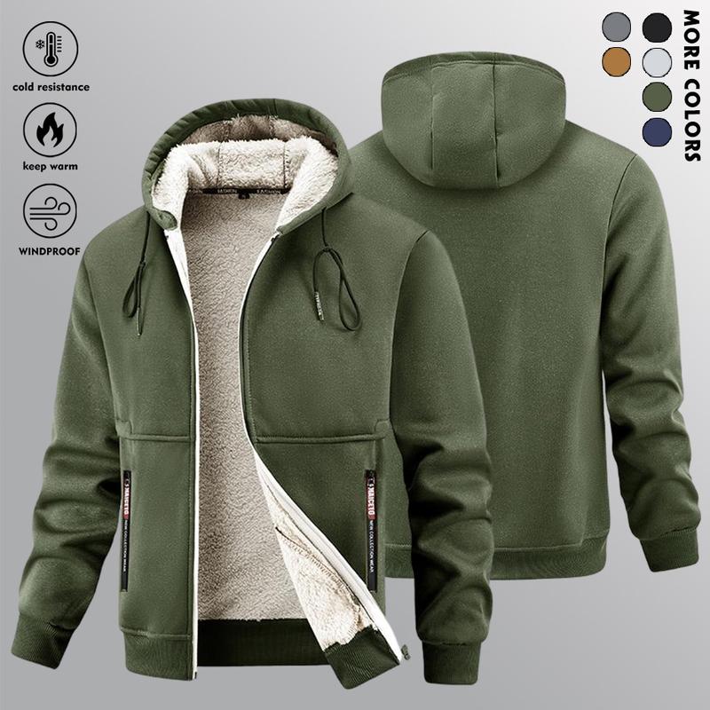 Men's fleece-lined zip-up jacket with hood, warm and cozy for winter weather, featuring pockets and soft fabric, perfect for gym, skiing, outdoor activities - machine washable cold weather apparel Casual