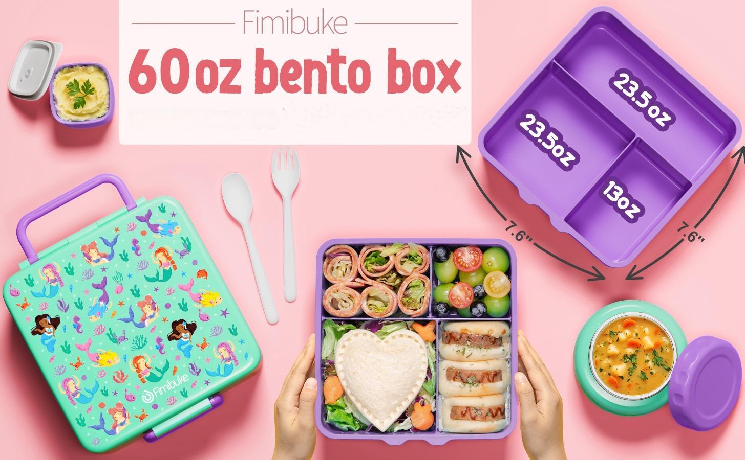 Back to school gift,Fimibuke Bento Box with Thermos, 3-4 Compartment 60OZ Lunch Box Container with Leakproof 8OZ Insulated Food Jar, Sauce Jar, Utensil for School BPA-Free Dishwasher Safe,Funny patterns