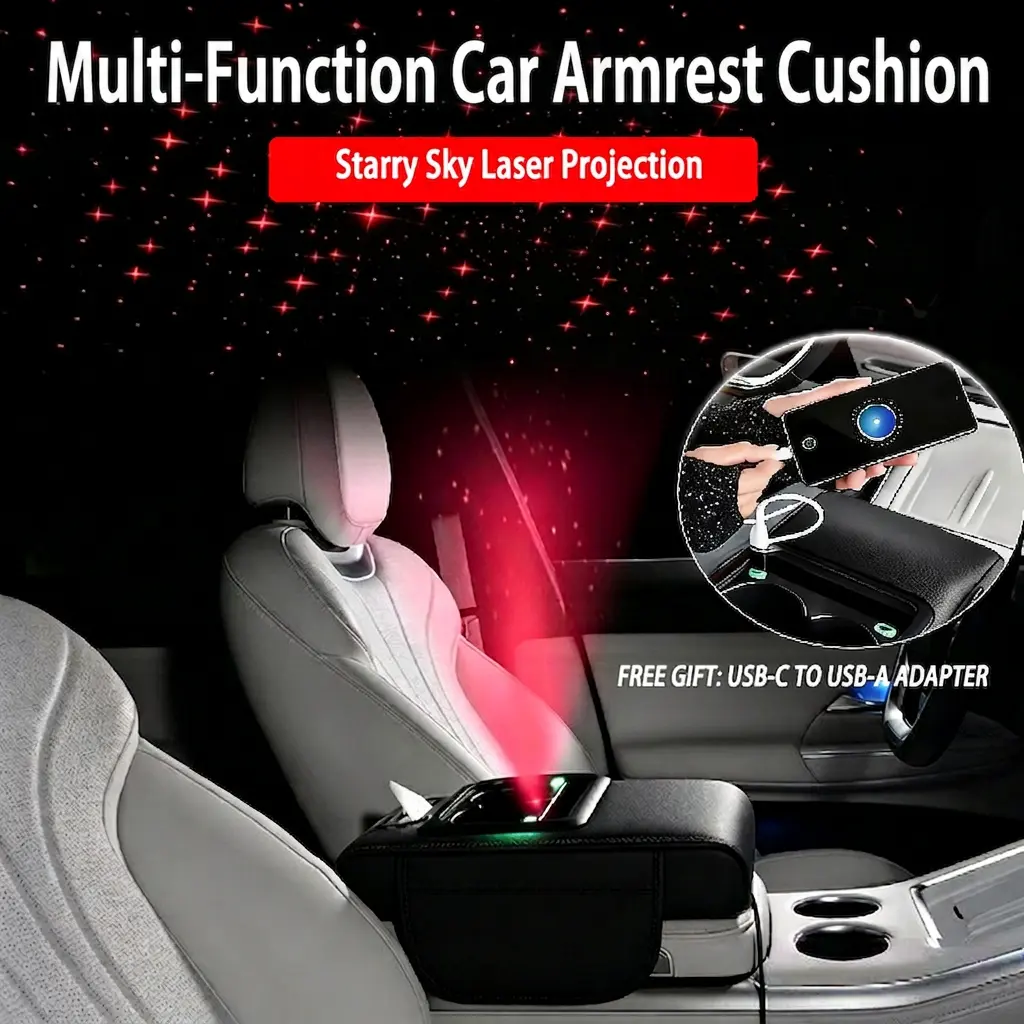 Model 7-in-1 Armrest Box Height Riser - Nappa Leather & Memory Foam Elbow Support Pad, Water Resistant Reinforced Cup Holder-Tissue Box Combo, Rechargeable Auto Accessories Interior for Car Stowing, Car Accessories, LED Projector, Cars, Tissue+Cu