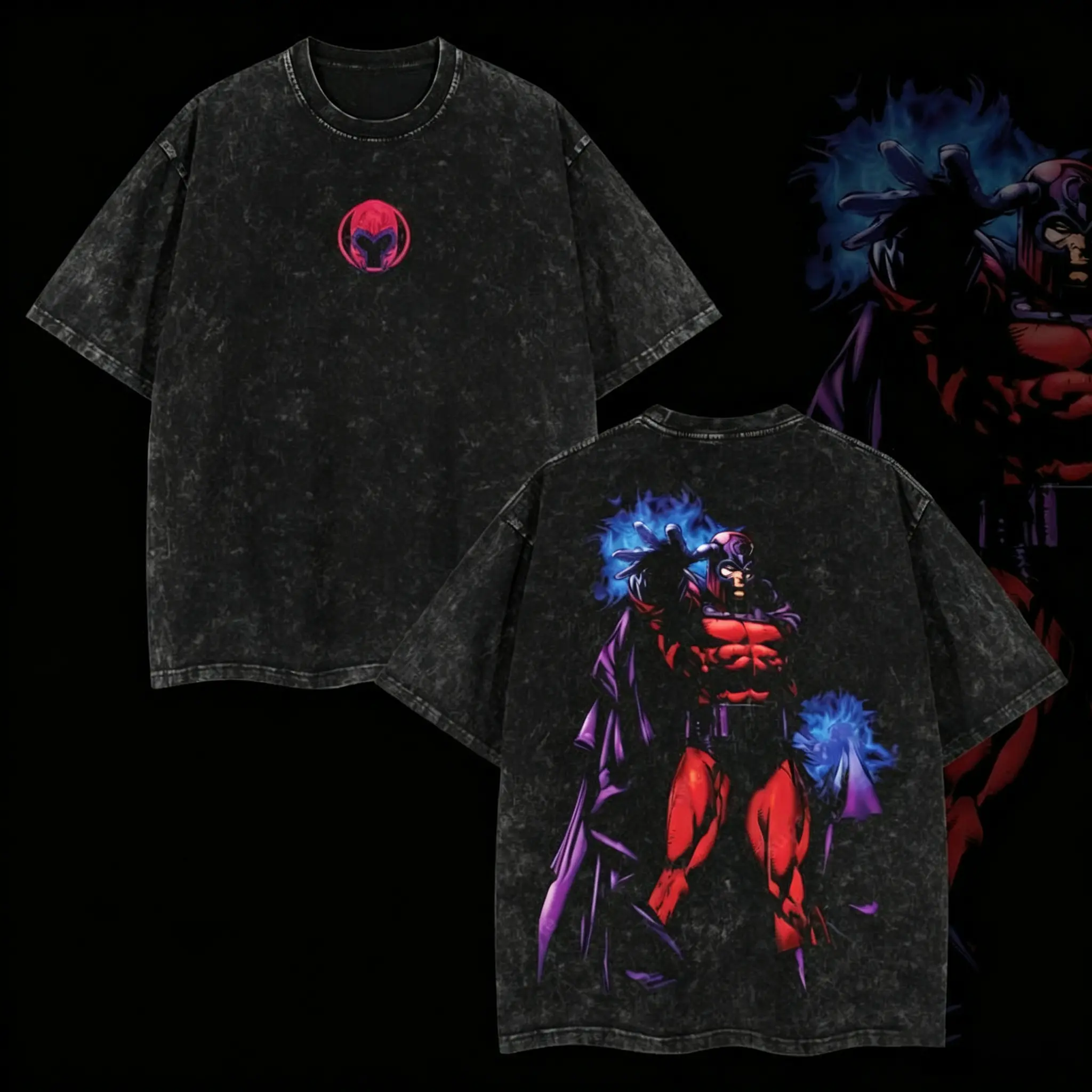 Magnetic Mutant Graphic T-Shirt, Oversized Acid Washed Streetwear Tee, Double-Sided Printed Lightweight Unisex Top, Y2K Retro Superhero-Inspired Graphic Shirt, Dark Vintage Casual Outfit