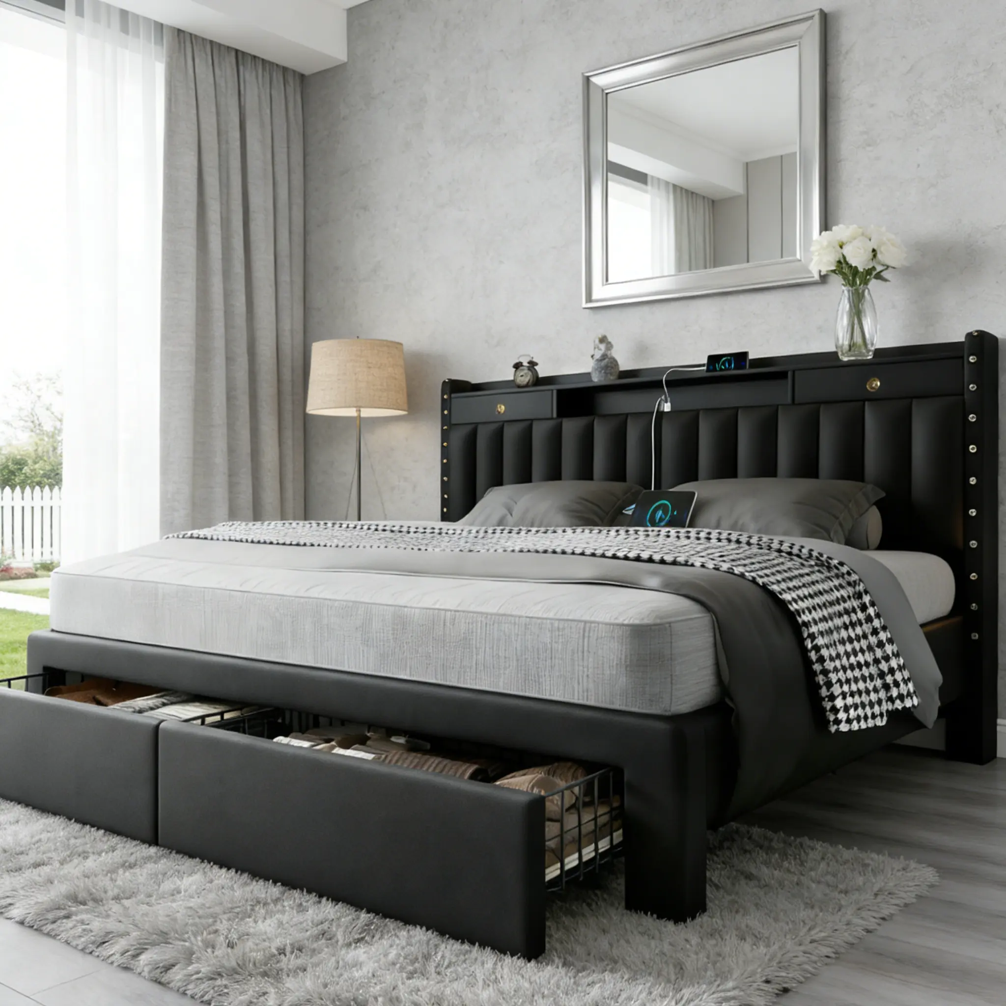 [Summerwins] TryLazy  Bed Frame with 4 Storage Drawers No MATTRESS Queen Size  No Noise No Box Spring Needed White Rivet Design USB Socket,