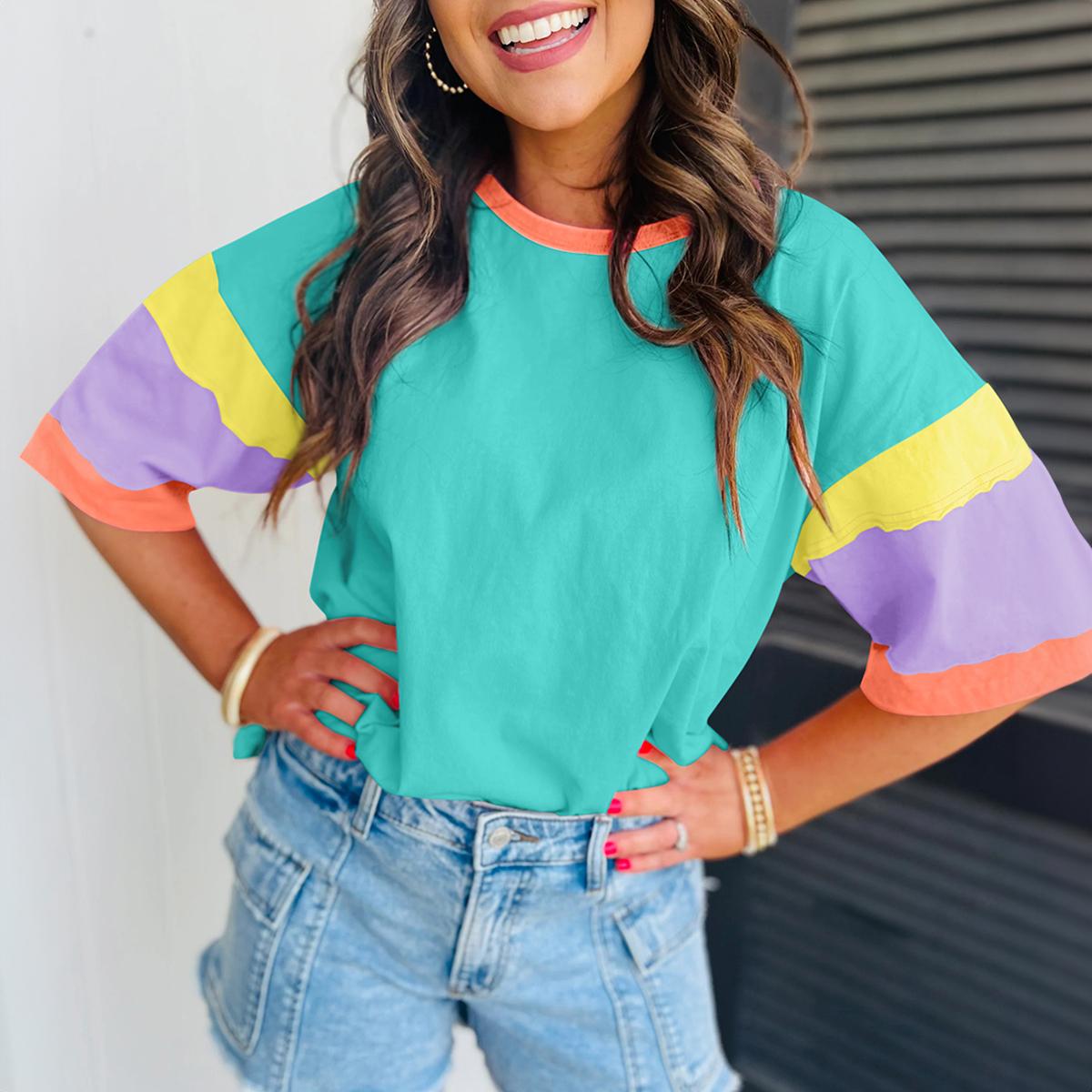 Mntaor Colorblock Stitching Sleeve Crewneck Oversize Top - Comfortable Casual Style with Round Neck and Block Stitching,Winteroutfit