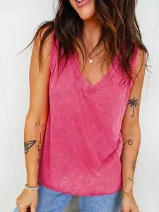 Red Mineral Wash V Neck Tank Top, 100% Cotton Made, This Sleeveless top Is Soft, Breathable and Cozy.