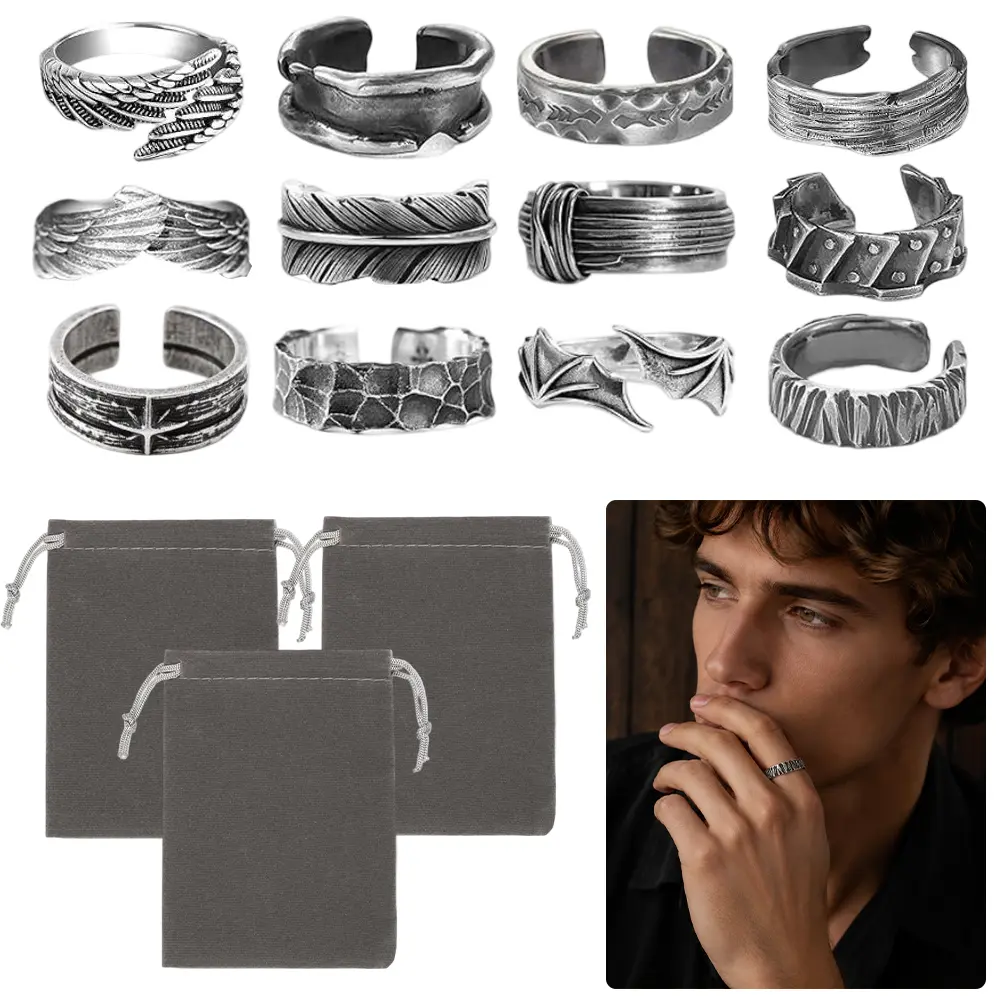 12PCS Vintage Rings for Men Cool Adjustable Angel Wings Ring Goth Punk Open Ring Set