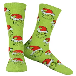 Dr. Seuss Adult The Grinch Santa Hat Fuzzy Cozy Anti-Slip Crew Socks 1 Pair (OSFM)