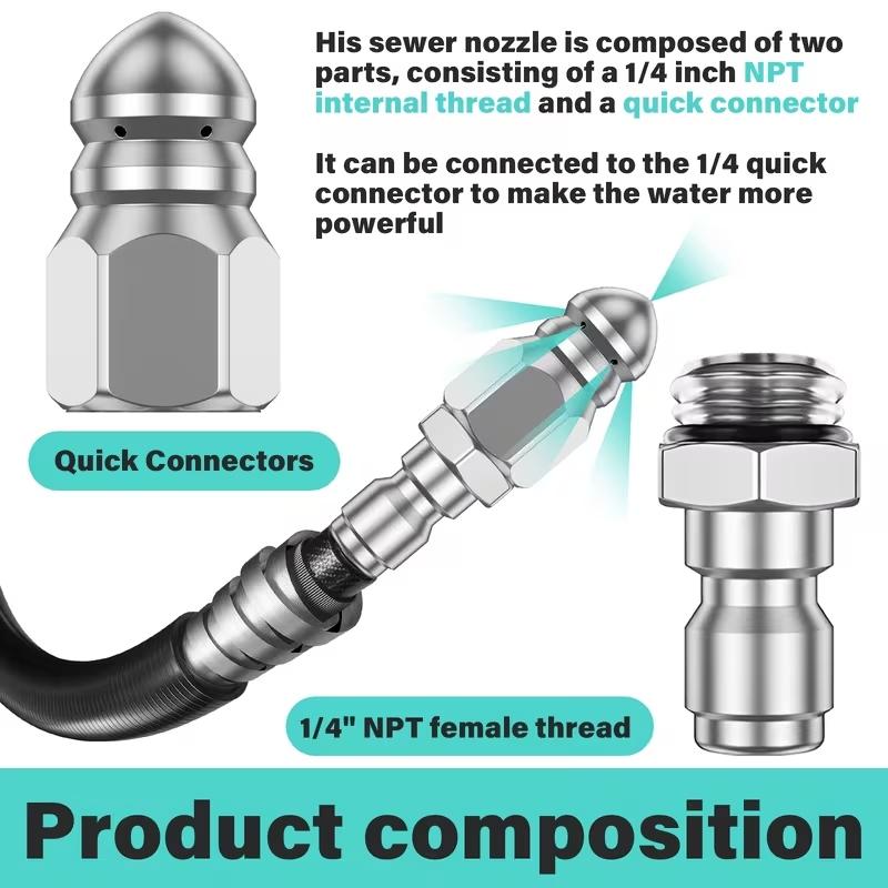 Sewer Cleaning Tool High-Pressure Nozzle, Aluminium Alloy Pressure Washer Drain Jetter Nozzle with 1/4" Quick Connect, Heavy Duty Clog Remover for Home Plumbing Kitchen Bathroom Shower Drain, Home Improvement Cleaning Accessories-YY