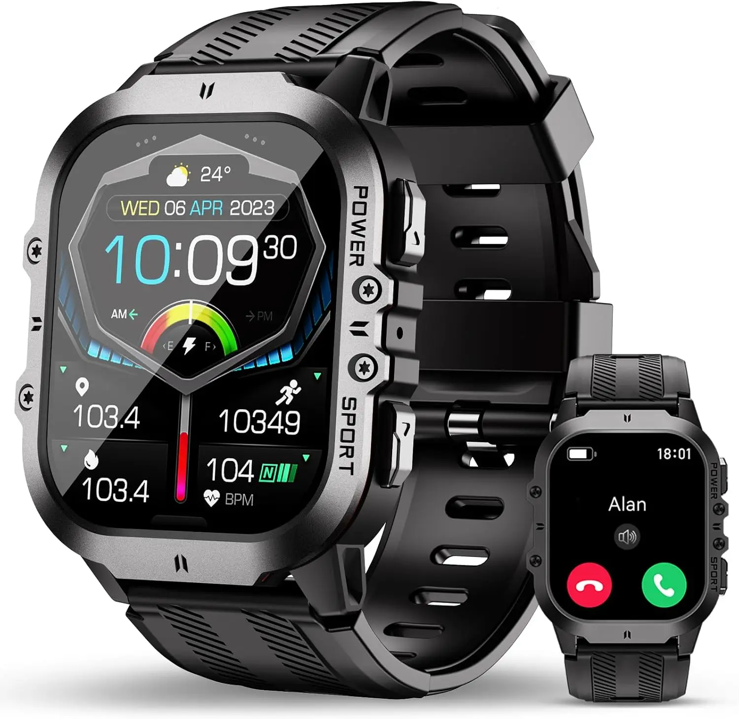 OUKITEL Military Smart Watches for Men(Answer/Make Calls), 1.96'' Fitness Smart Watches for Android/iPhone, Waterproof Smart Watch with Blood Pressure/Heart Rate/100+ Sport Modes, Watches for Men