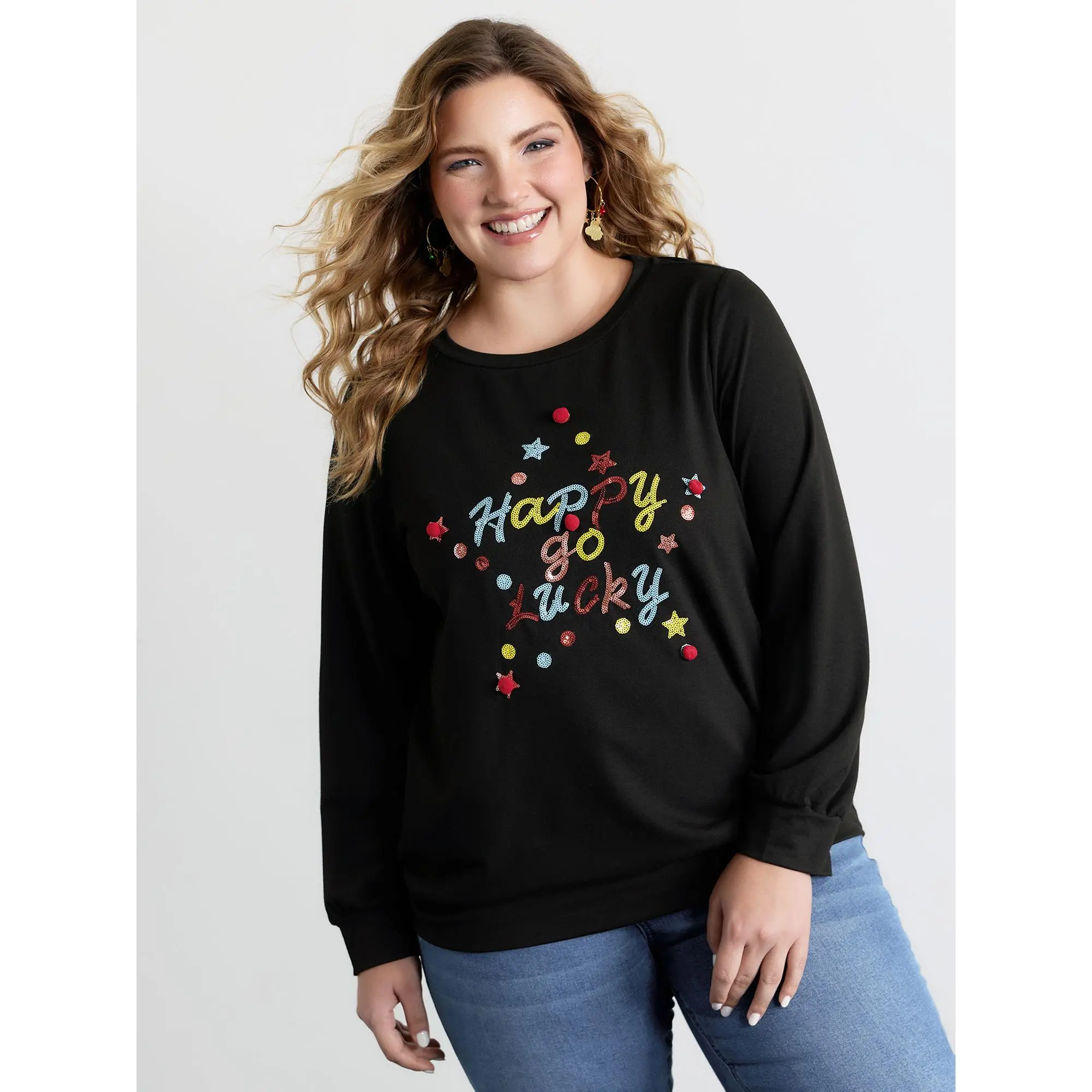 【 Comfy Chic】Bloomchic Happy Go Lucky Sequin Embroidery Sweatshirt Fit Long Sleeve  Womenswear Fabric,Summerfinds