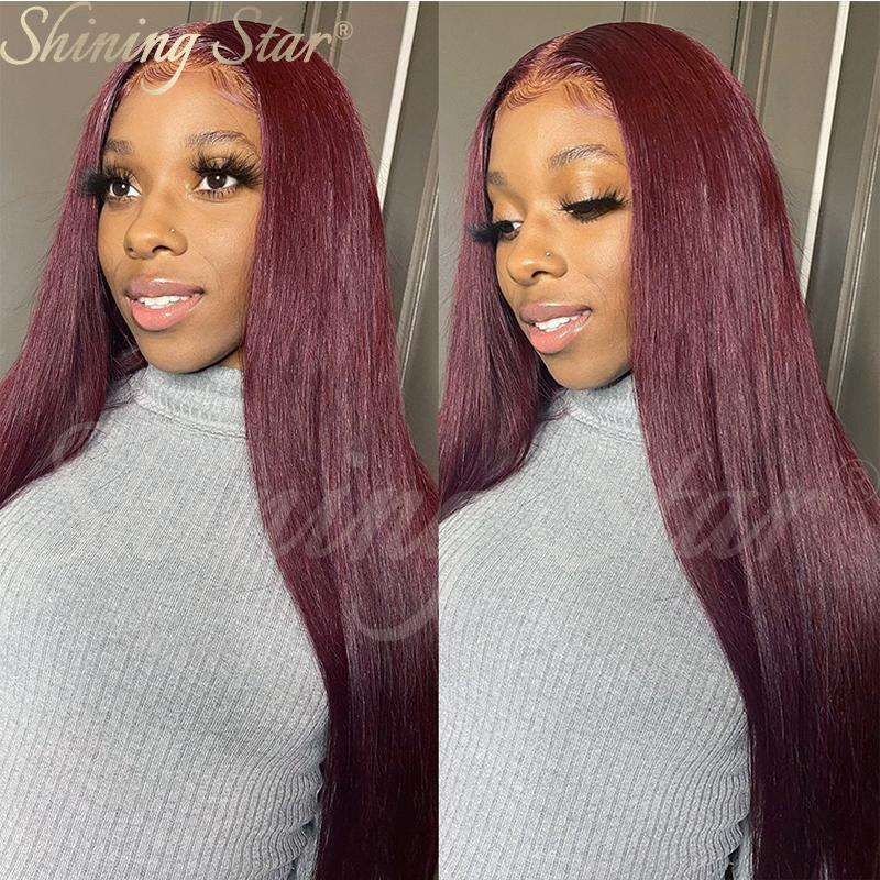 Peruvian Straight Hair Burgundy Lace Front Wig Human Hair Wigs for Women 99J Red Blonde Colored Wigs 180% Density 13*4 Human Hair Deep Part Wig on Sale