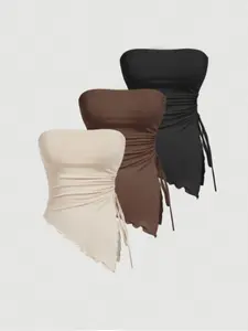 Women’s 3-Pack Strapless Drawstring Tie Tops, Summer Off-Shoulder Design plain