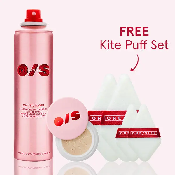 ONE/SIZE Must-Have TRIO: On 'Til Dawn Mattifying Waterproof Setting Spray + Blurring Setting Powder + Free Kite puff set x4