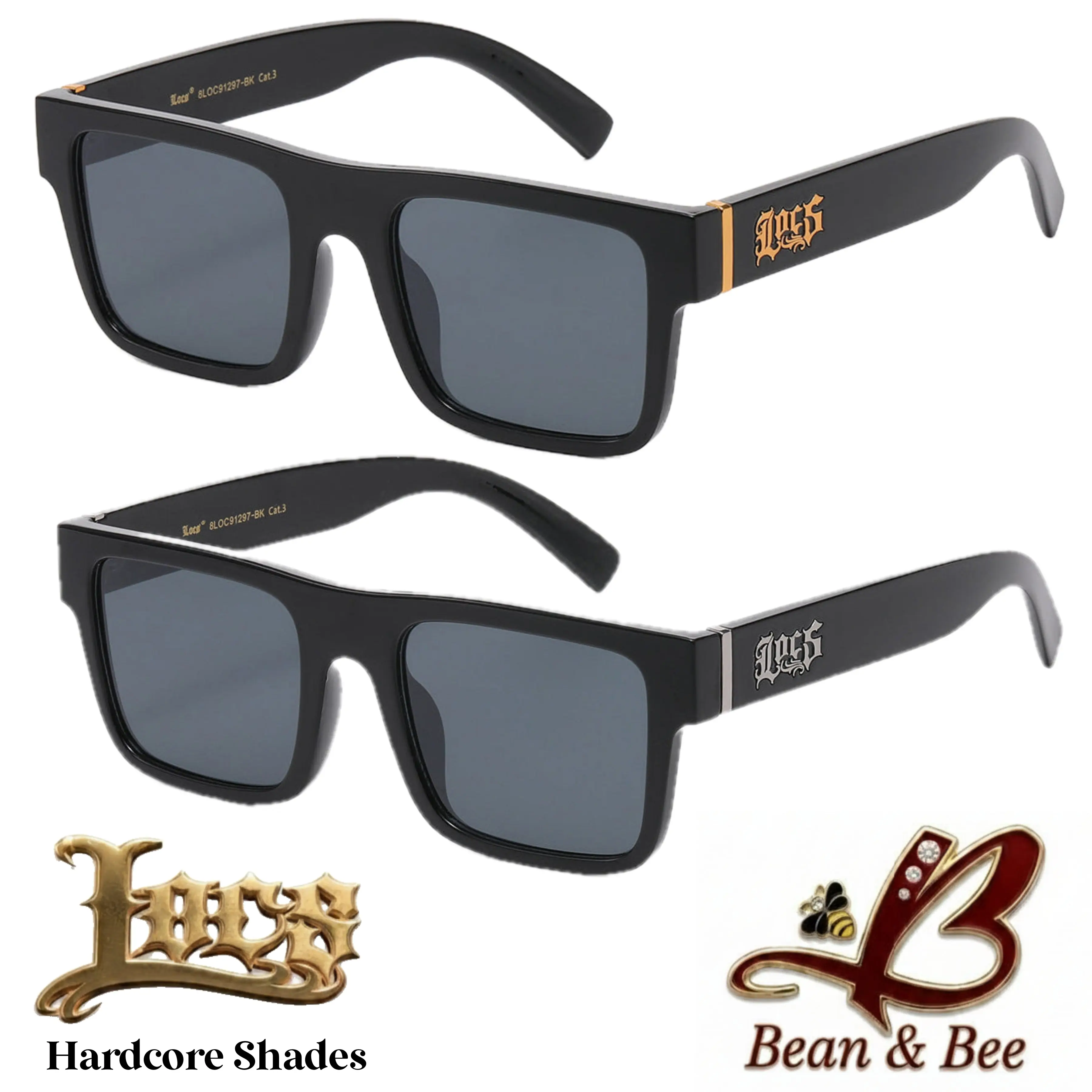 LOCS Barrio Block Hardcore Shades OG Gangsta Cholo Biker Sunglasses Chola Chic Gafas De Sol Glossy Square Frame Gold or Silver Logo and Accents