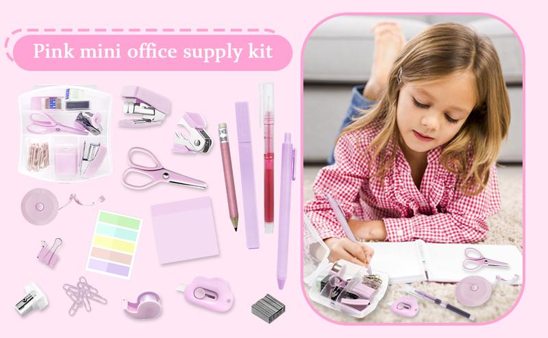 [New Deal] Mini School Supplies Kit, Pink Mini Stapler with Staples and Tape Dispenser Set, Mini Stationary Set Includes Sticky Notes Index Tabs Highlighters Gel Pens for Office & Back to School Supplies Art Materials