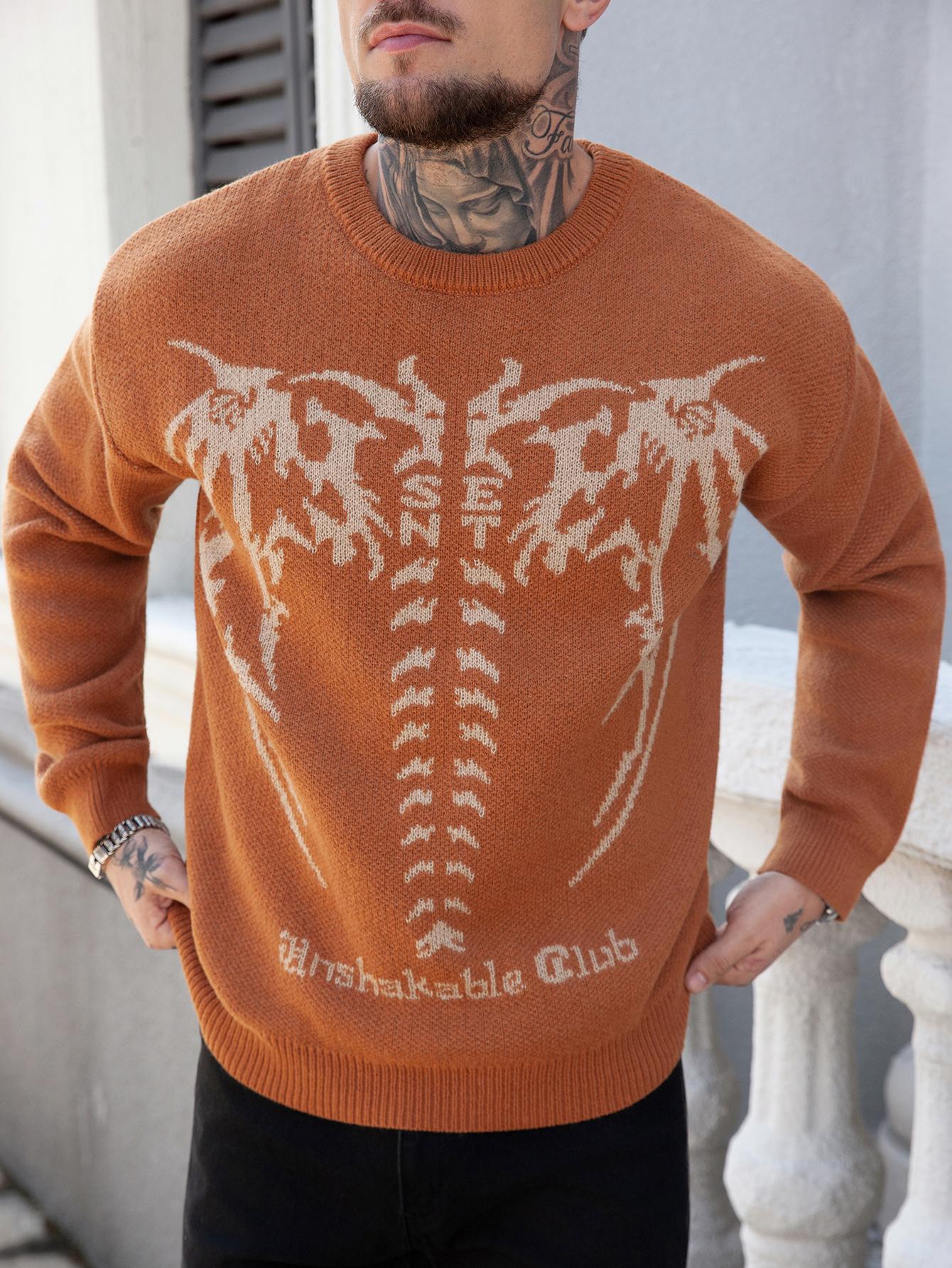 HYPESTFIT Men's Oversized Crewneck Sweater Trendy Comfy Acrylic Knitwear for Halloween Fall Streetwear Everyday Style Hipster Fashion - Stylish - Casual