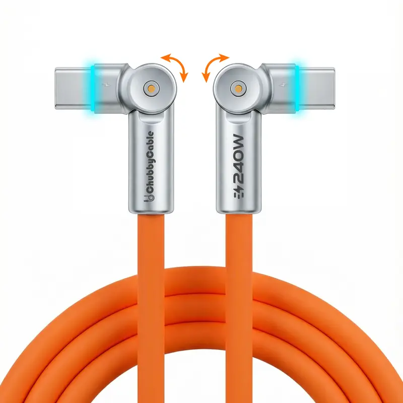 Chubbycable RotateX Type C to C Cable - 180° Rotate Plug, 240W High Power 48V 5A Max, Alloy+Silicone Build, Mobile CarPlay Ready, USB 2.0, LED-Lit Charge Path, 3.3ft/6.6ft, Universal Charging Cables for Smartphones (Data Transmission & Fast Charging)