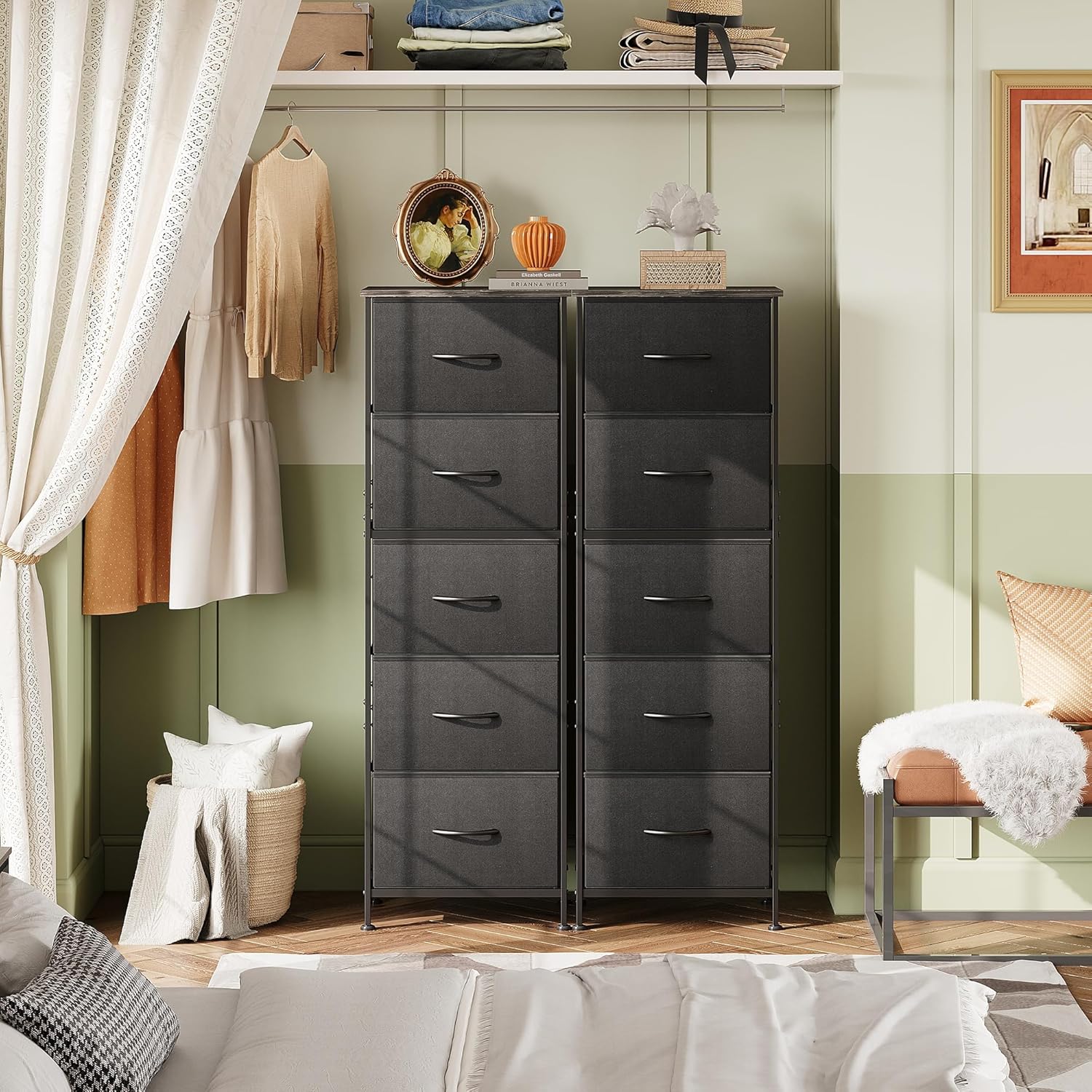 5 Drawer Fabric Dresser Tall Storage Tower with Wood Top Sturdy Metal Frame Large Capacity Chest of Drawers for Bedroom Closet or Hallway Available in Multiple Colors