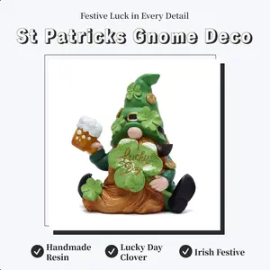 HODAO 2026  Patrick's Day Lucky Gnome Decor Handmade Resin Figurine with 'Lucky Day' Clover Beer & Gold Coin Irish Festive Accent