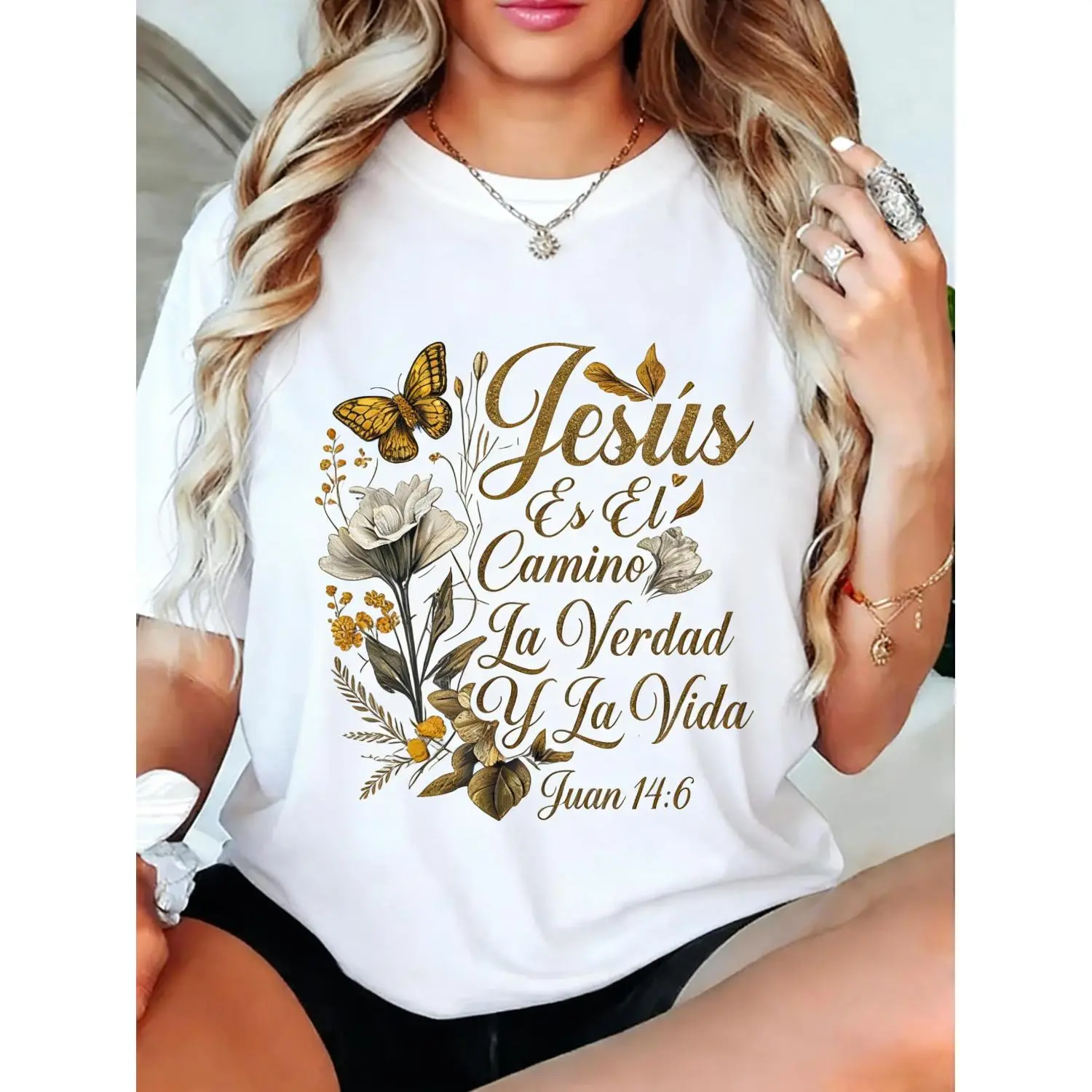 Women's Cotton Short-Sleeve Round Neck Jesus T-Shirt - Relaxed Fit, All-Seasons, Breathable Fabric, Christian Style, Faith-Based Spanish Religious God Graphic Print Casual Top