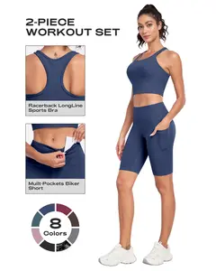 CRAZY YOGA two-piece women's set, featuring thick, non-see-through fabric, a racerback longline sports bra, and multi-pocket shorts. Casual, stylish, and comfortable, suitable for yoga, fitness, and running