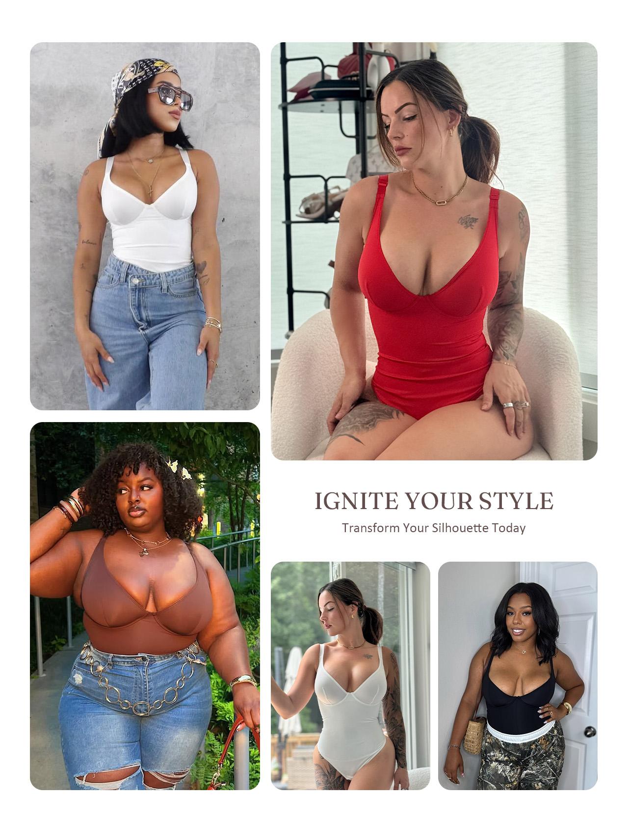 FeelinGirl Women V Neck Bodysuit Thong Tummy Control Shapewear Basic Fabric Fashion Womenswear Springtok Vneck SpringStatements