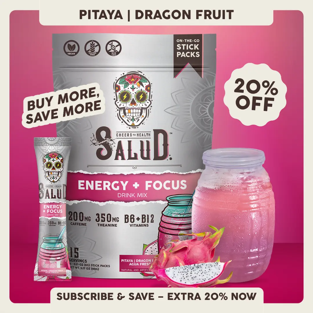 Salud 2-in-1 [Energy + Focus - Pitaya | Dragon Fruit] Clean Energy Drink Mix, Agua Fresca, Organic Caffeine (200mg), L-Theanine (350mg), L-Tyrosine, Vegan, Non-GMO, Gluten Free, Low Calorie, 1g Sugar (15 Servings)