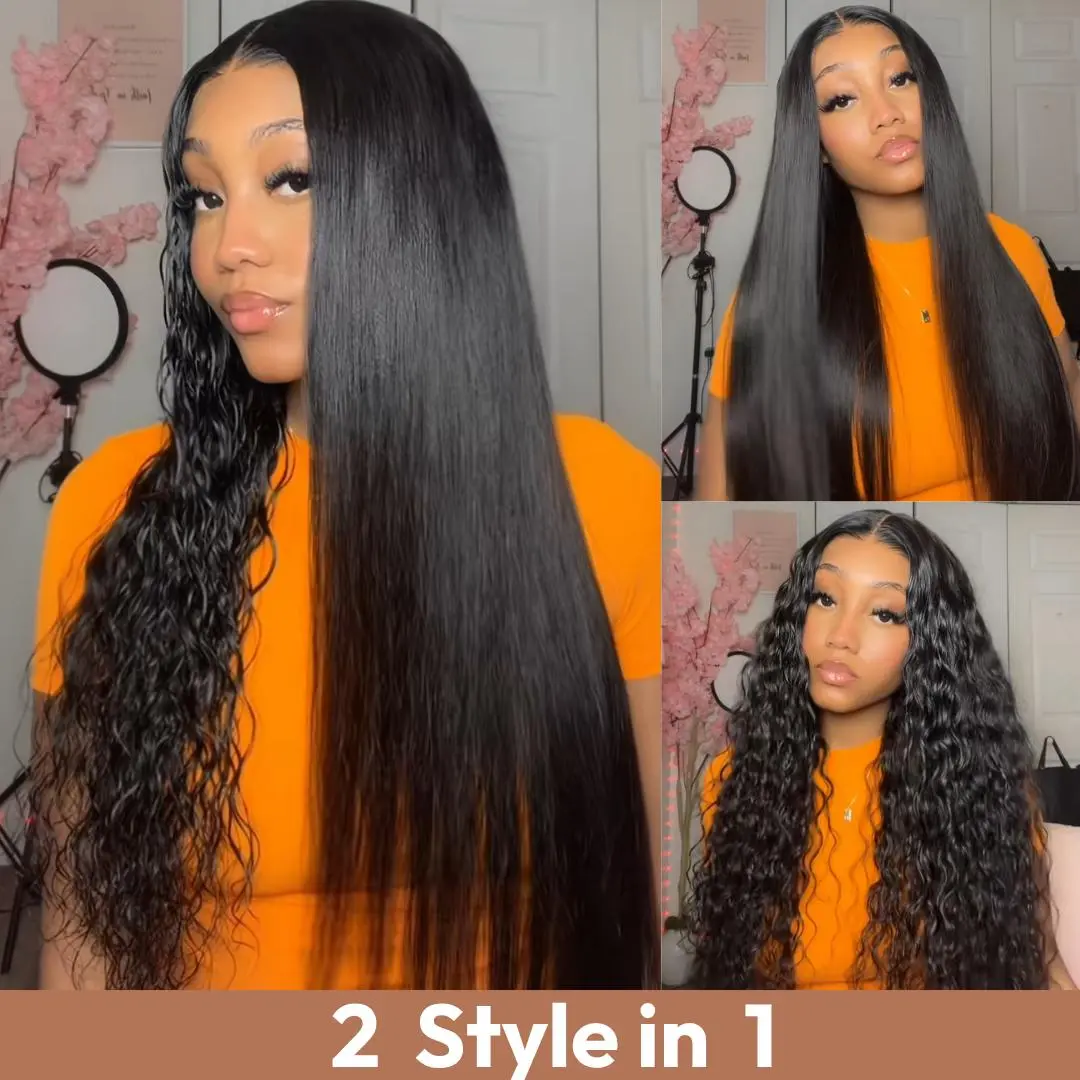 UNICE 24 Inch Lace Frontal Wigs Human Hair, Wet and Wavy 13x4 Pre-Cut HD Lace for Women, Glueless Straight to Water Wave Style, 180% Density, Glueless Wear Wig