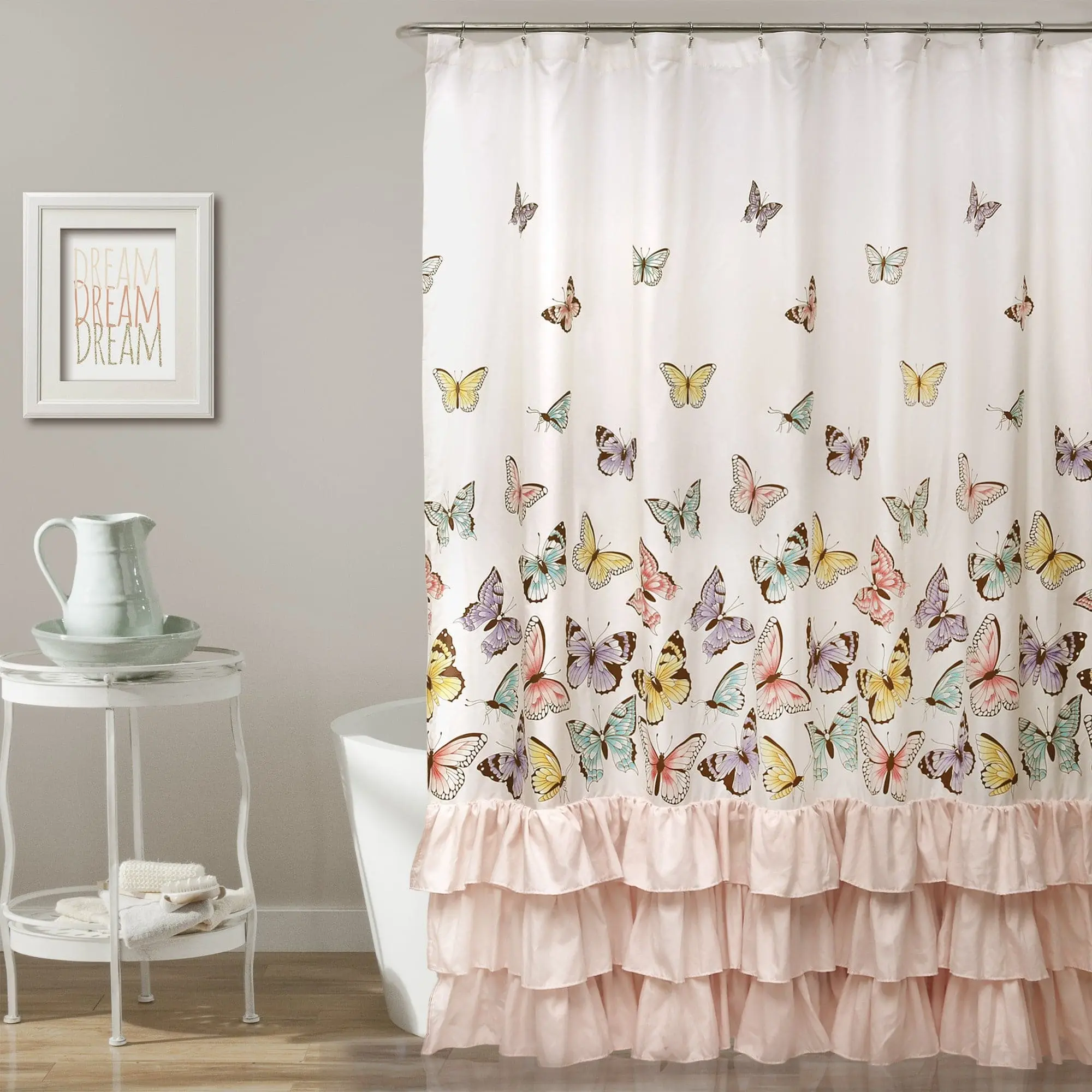 Lush Decor Flutter Butterfly Shower Curtain - 72x72 in (72"h x 72"w) Polyester, Colorful Butterflies, Ruffles, Princess-Style Look - Dream Decor for Little Princess' Bathroom