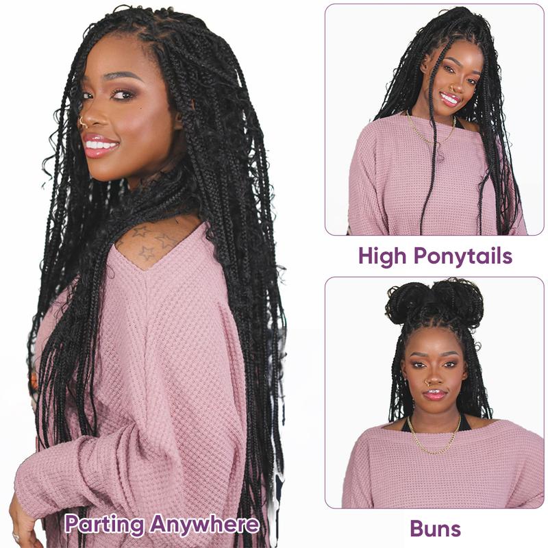 Valentine Musts 36 Inches Full Lace Premium Synthetic Fiber Knotless Bohemian Box Braided Wigs Wavy SuperNova Hair DM to Pre-cut Lace