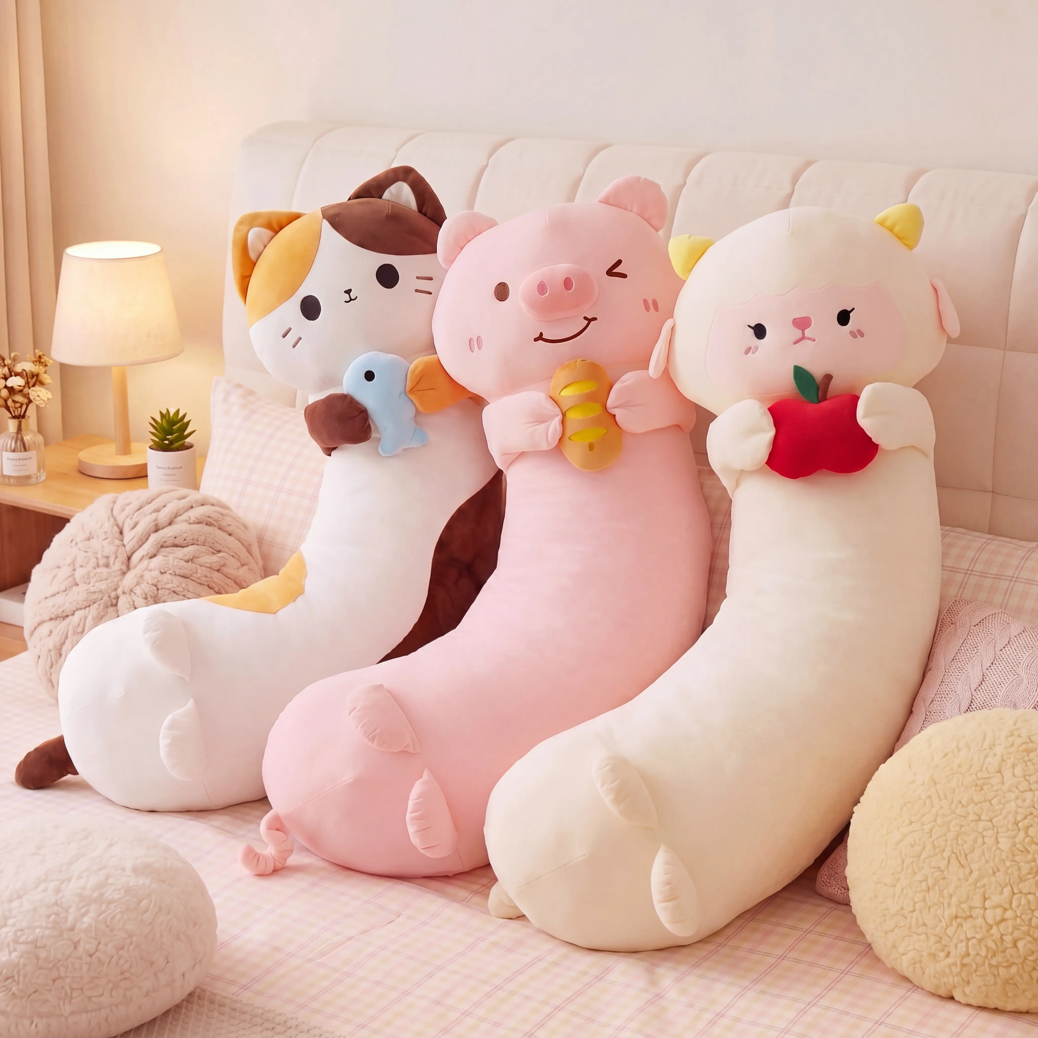 Ultra-soft cartoon animal long hugging pillow — Cat hugging fish / Pig hugging bread / Sheep hugging apple styles; side sleeping support pillow; plush toy hugging pillow—great gift